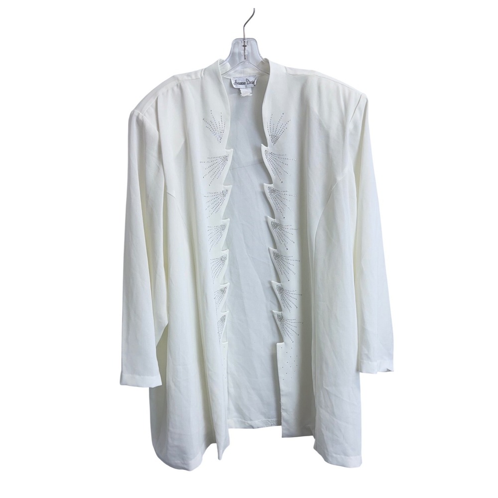 Vintage Hosanna Design Womens 4XL White Rhinestone Scalloped Open Front‎ Jacket